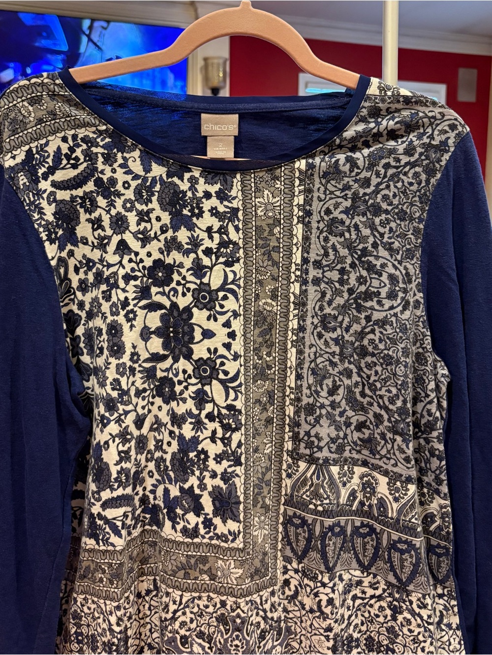 Chico's Navy and Cream Patchwork Floral Long Sleeve Tee